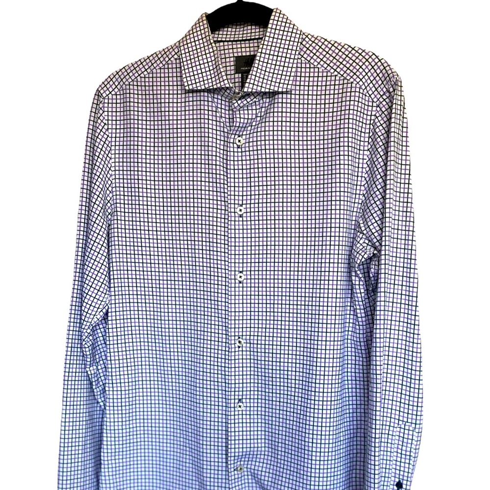 H&M Easy Care Men’s Button Up Cotton Shirt Checkered Green/Purple/White SZ S15